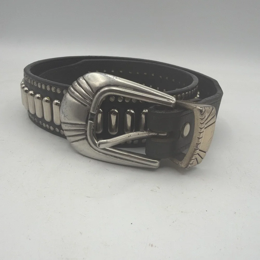 Lady Nadim Black and Silver Genuine Leather Belt M/L (VTG. 1999)